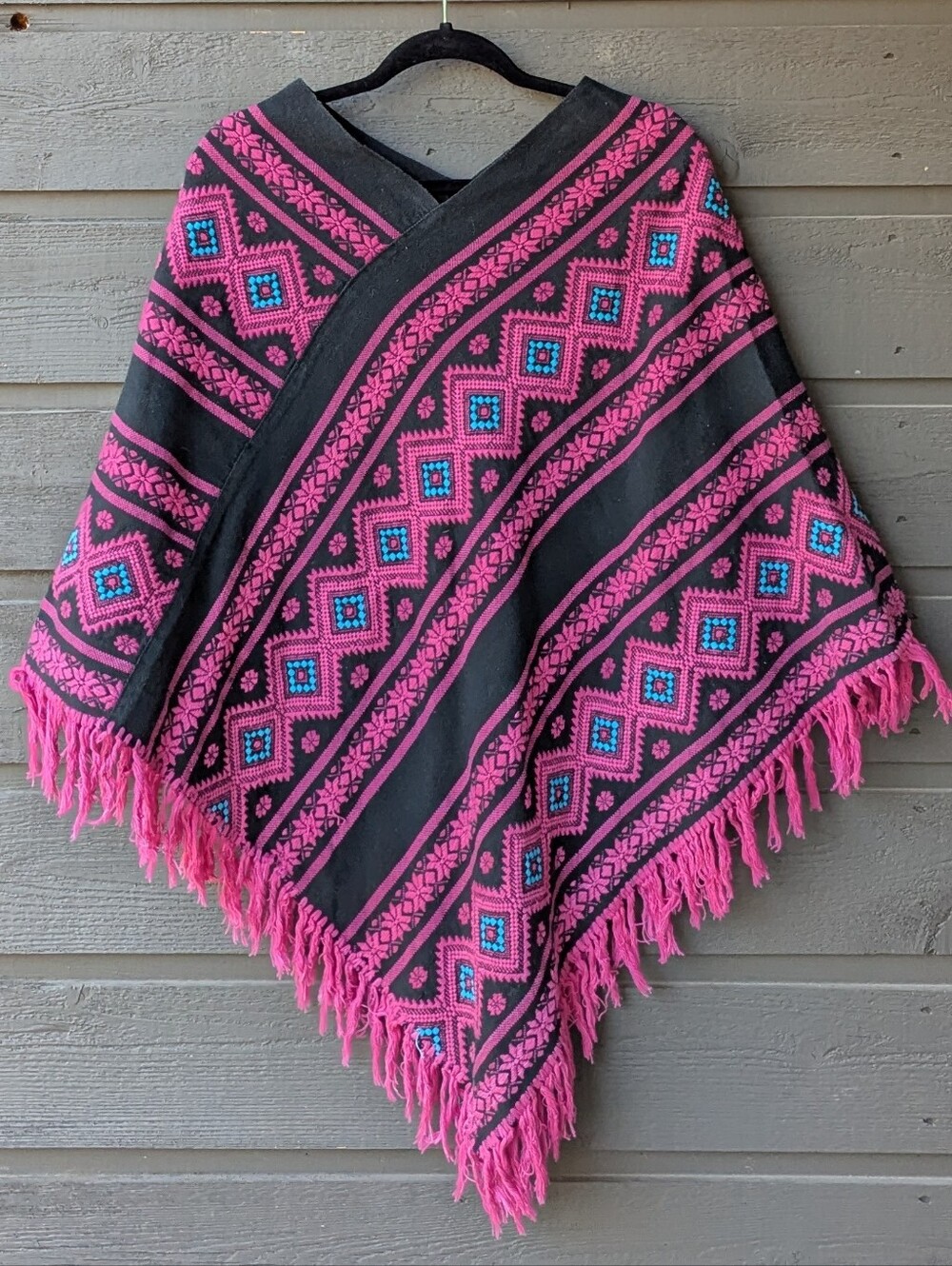 Vintage 90s Handmade Mexican Black Pink Aqua Blue Fringe Woven Poncho One Size